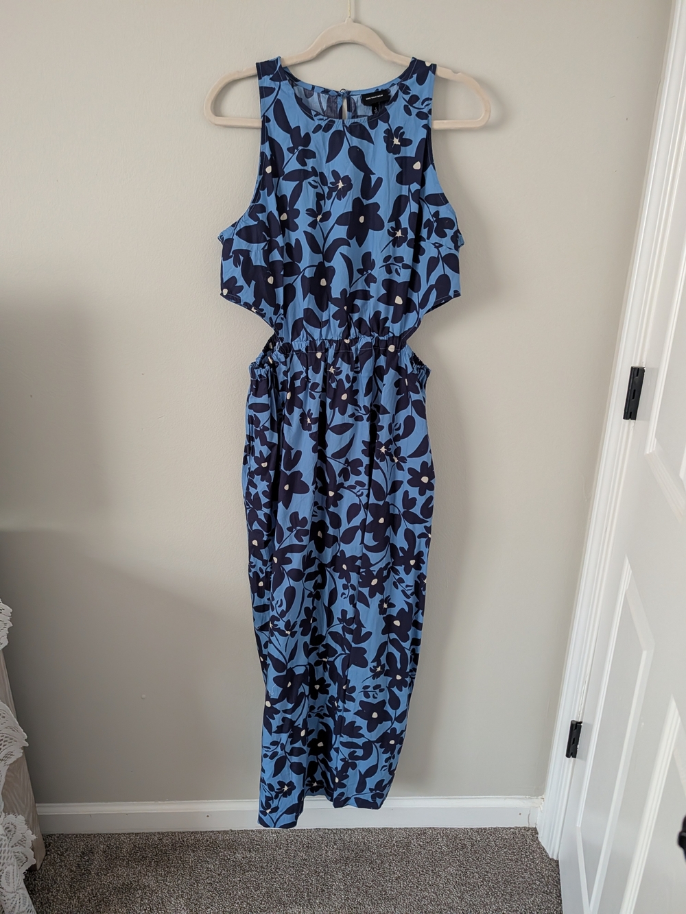 Who What Wear Blue Floral Cutout Waist Dress Sz L